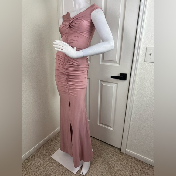 Blue. S Nude Pink Off Shoulder Ruched Jersey Slit Mermaid Dress Size M #137 - Picture 5 of 15